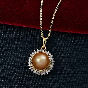 D'Joy South Sea Golden Pearl, Natural Yellow and White Diamond 0.45 ctw Sunburst Halo Pendant Necklace in 18K Vermeil Yellow Gold Over Sterling Silver 20 Inches