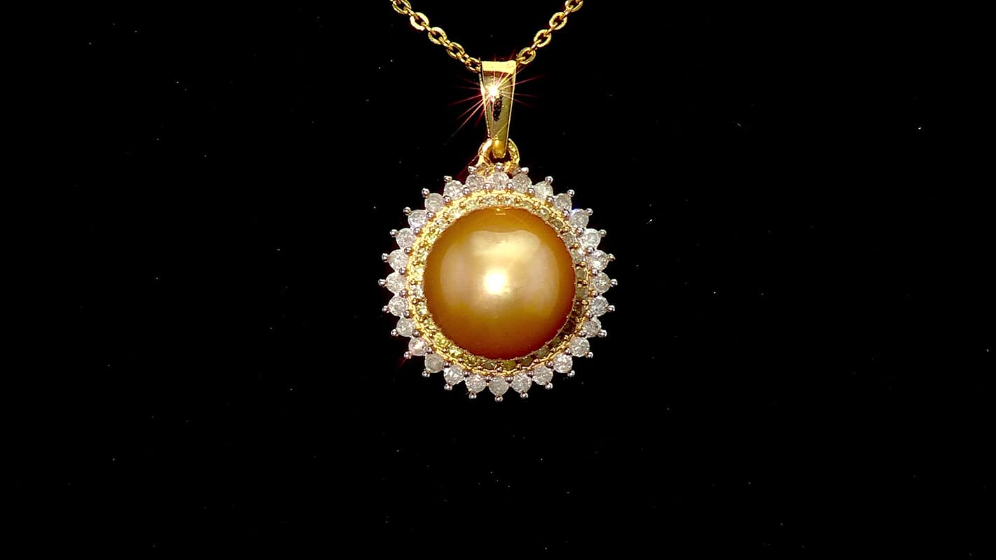 D'Joy South Sea Golden Pearl, Natural Yellow and White Diamond 0.45 ctw Sunburst Halo Pendant Necklace in 18K Vermeil Yellow Gold Over Sterling Silver 20 Inches