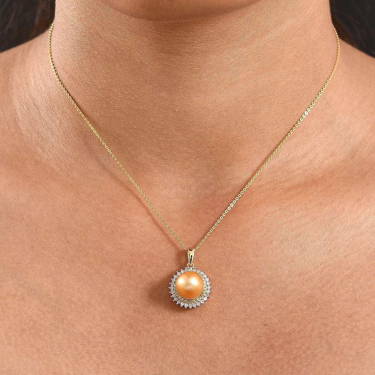 D'Joy South Sea Golden Pearl, Natural Yellow and White Diamond 0.45 ctw Pendant Necklace in 18K Vermeil Yellow Gold Over Sterling Silver 20 Inches image number 2