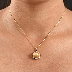 D'Joy South Sea Golden Pearl, Natural Yellow and White Diamond 0.45 ctw Sunburst Halo Pendant Necklace in 18K Vermeil Yellow Gold Over Sterling Silver 20 Inches