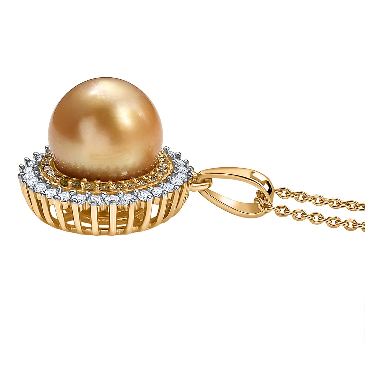 D'Joy South Sea Golden Pearl, Natural Yellow and White Diamond 0.45 ctw Pendant Necklace in 18K Vermeil Yellow Gold Over Sterling Silver 20 Inches image number 3