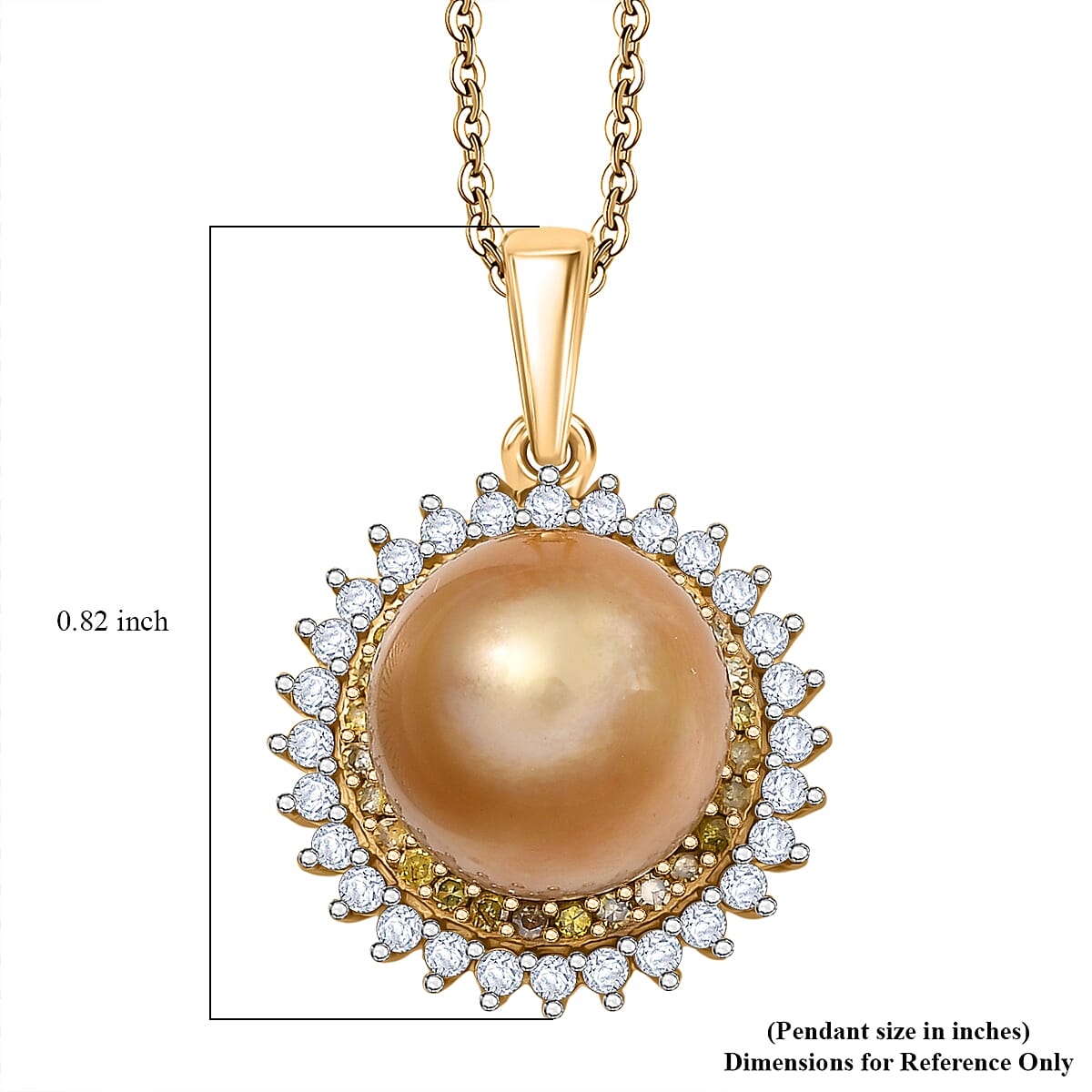 D'Joy South Sea Golden Pearl, Natural Yellow and White Diamond 0.45 ctw Sunburst Halo Pendant Necklace in 18K Vermeil Yellow Gold Over Sterling Silver 20 Inches