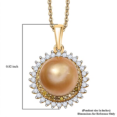 D'Joy South Sea Golden Pearl, Natural Yellow and White Diamond 0.45 ctw Sunburst Halo Pendant Necklace in 18K Vermeil Yellow Gold Over Sterling Silver 20 Inches