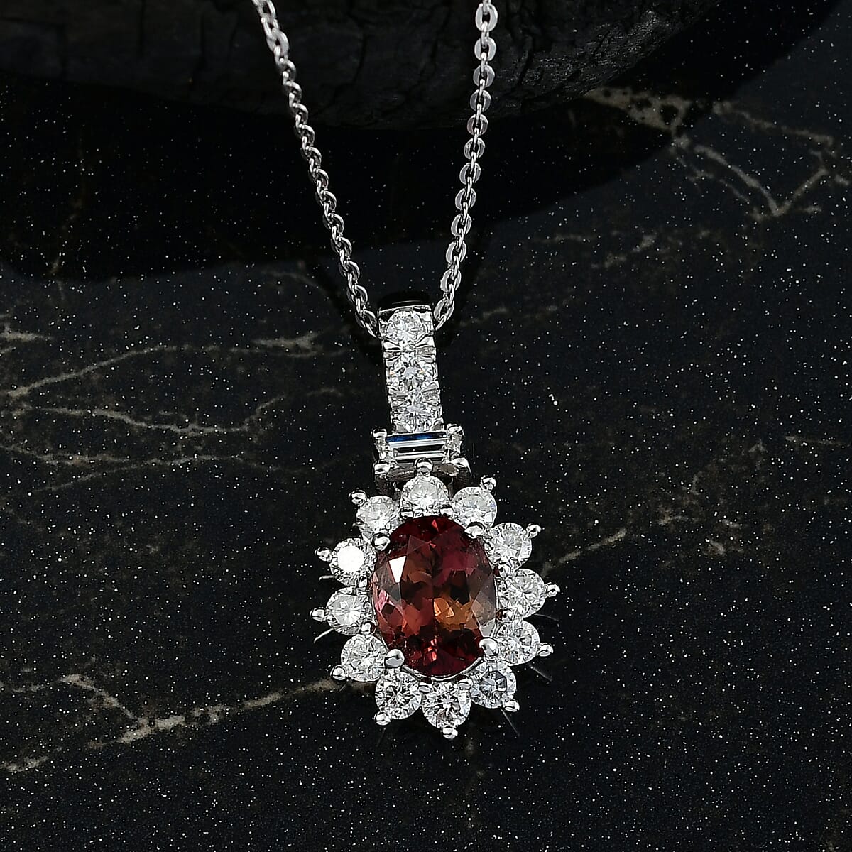 D'Joy Premium Byzantine Tourmaline and Luxuriant Lab Grown Diamond 2.10 ctw Timeless Halo Pendant Necklace 20 Inches in Rhodium Over Sterling Silver image number 1