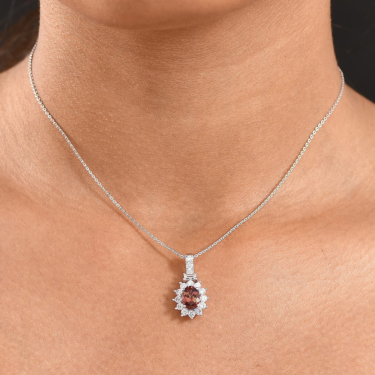 D'Joy Premium Byzantine Tourmaline and Luxuriant Lab Grown Diamond 2.10 ctw Timeless Halo Pendant Necklace 20 Inches in Rhodium Over Sterling Silver image number 2