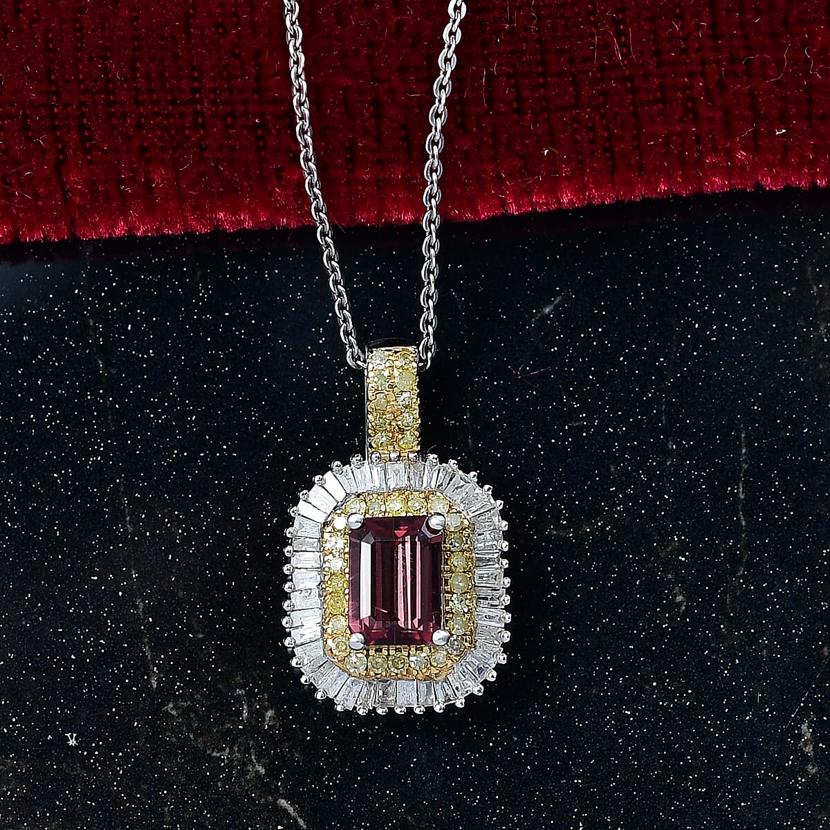 D'Joy Premium Byzantine Tourmaline, Natural Yellow and White Diamond 1.60 ctw Sunburst Halo Pendant Necklace 20 Inches in 18K Vermeil YG and Rhodium Over Sterling Silver image number 1