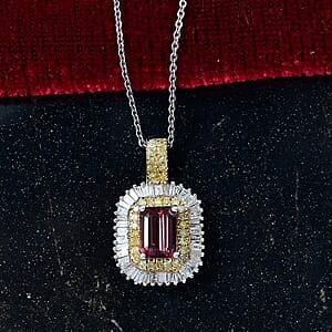 D'Joy Premium Byzantine Tourmaline, Natural Yellow and White Diamond 1.60 ctw Sunburst Halo Pendant Necklace 20 Inches in 18K Vermeil YG and Rhodium Over Sterling Silver