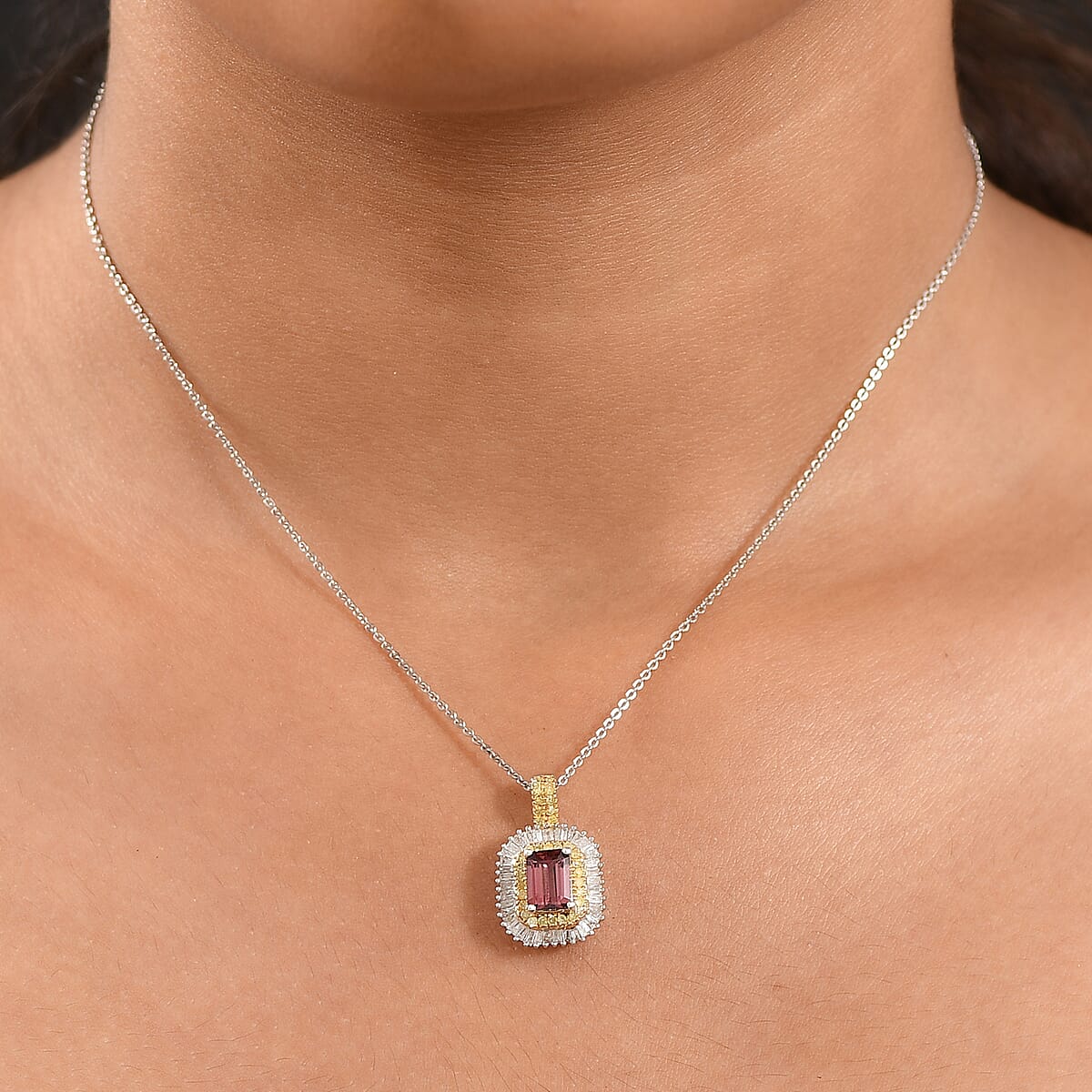 D'Joy Premium Byzantine Tourmaline, Natural Yellow and White Diamond 1.60 ctw Sunburst Halo Pendant Necklace 20 Inches in 18K Vermeil YG and Rhodium Over Sterling Silver image number 2