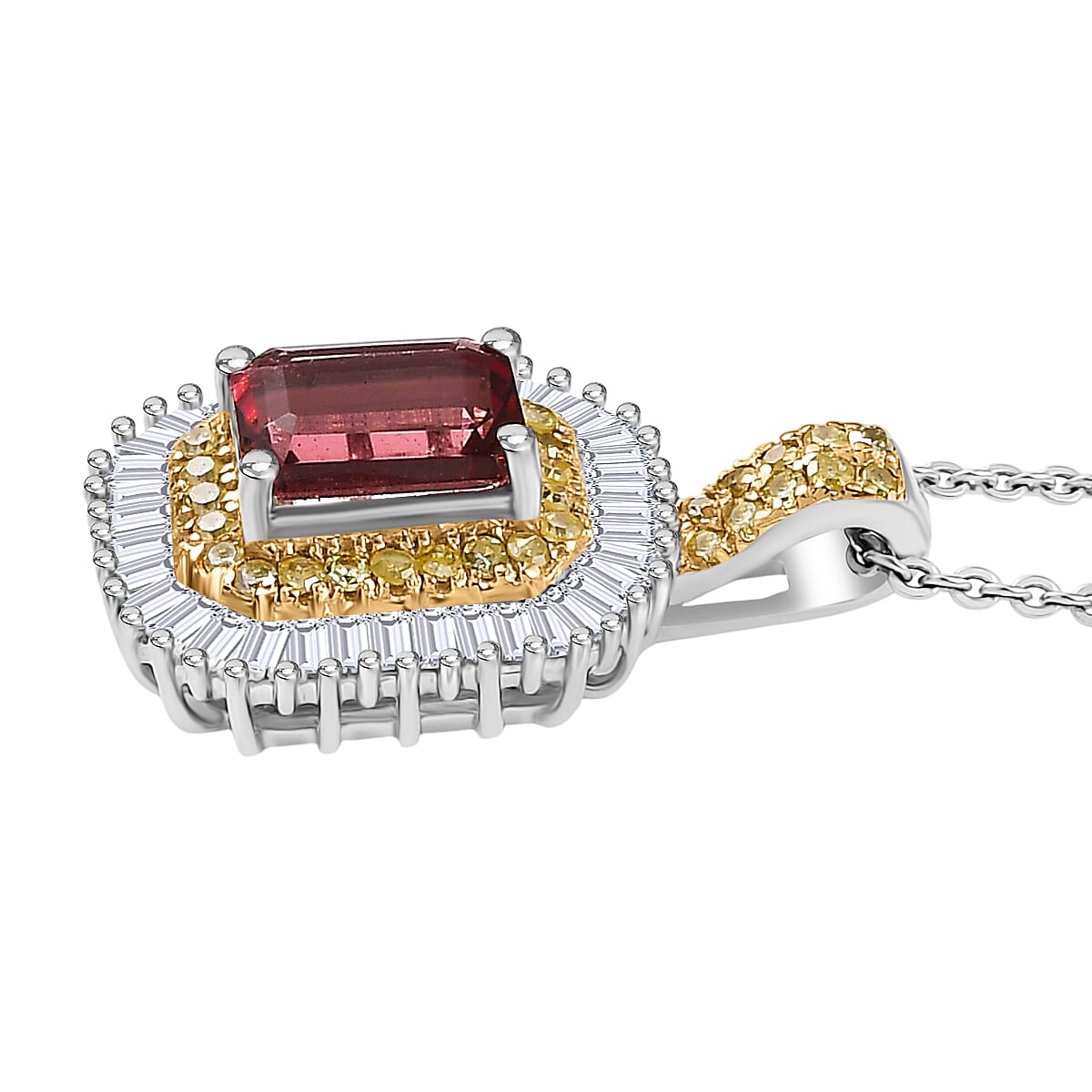 D'Joy Premium Byzantine Tourmaline, Natural Yellow and White Diamond 1.60 ctw Sunburst Halo Pendant Necklace 20 Inches in 18K Vermeil YG and Rhodium Over Sterling Silver image number 3