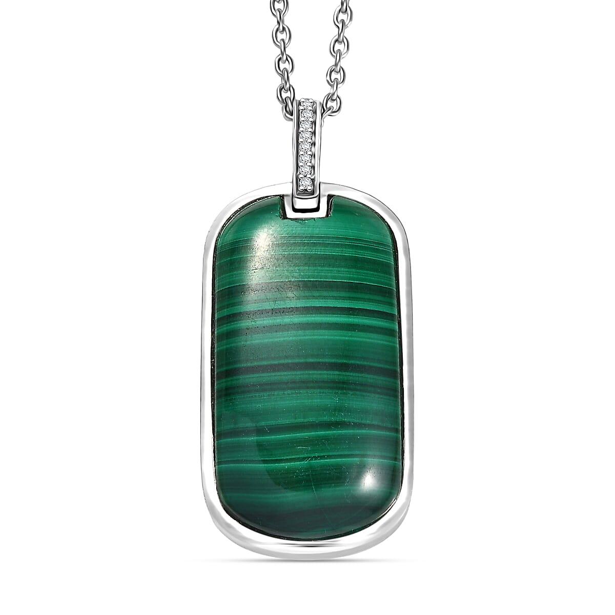 EverTrue African Malachite and White Zircon 28.40 ctw Dogtag Pendant in Platinum Bond with Stainless Steel Necklace 24 Inches image number 0