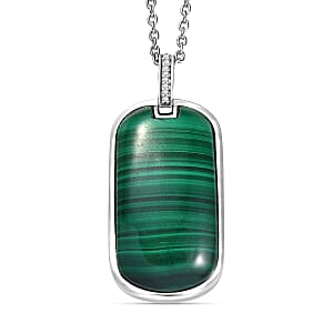 EverTrue African Malachite and White Zircon 28.40 ctw Dogtag Pendant in Platinum Bond with Stainless Steel Necklace 24 Inches