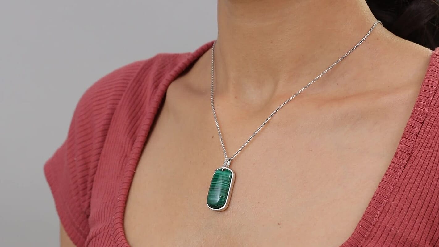 EverTrue African Malachite and White Zircon 28.40 ctw Dogtag Pendant in Platinum Bond with Stainless Steel Necklace 24 Inches