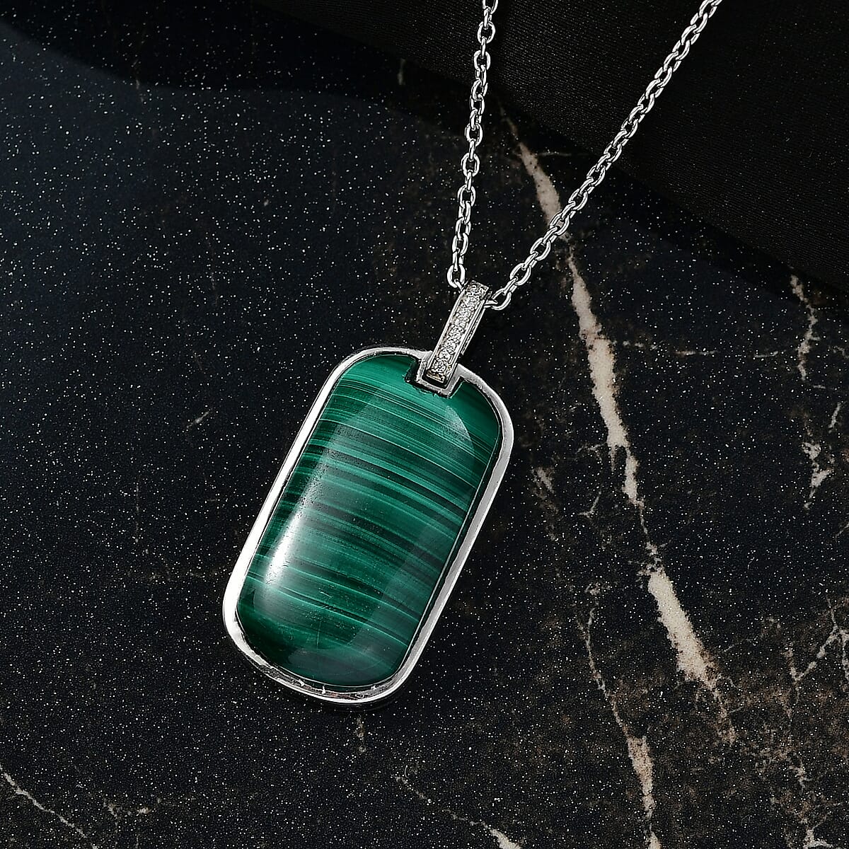 EverTrue African Malachite and White Zircon 28.40 ctw Dogtag Pendant in Platinum Bond with Stainless Steel Necklace 24 Inches image number 1