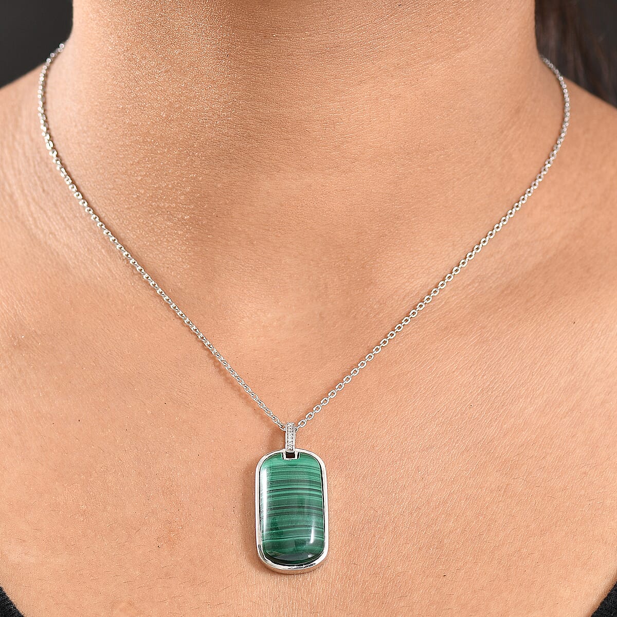 EverTrue African Malachite and White Zircon 28.40 ctw Dogtag Pendant in Platinum Bond with Stainless Steel Necklace 24 Inches image number 2