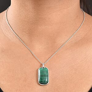 EverTrue African Malachite and White Zircon 28.40 ctw Dogtag Pendant in Platinum Bond with Stainless Steel Necklace 24 Inches