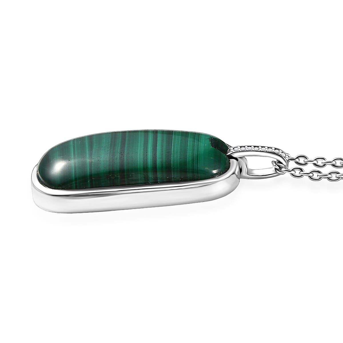 EverTrue African Malachite and White Zircon 28.40 ctw Dogtag Pendant in Platinum Bond with Stainless Steel Necklace 24 Inches image number 3