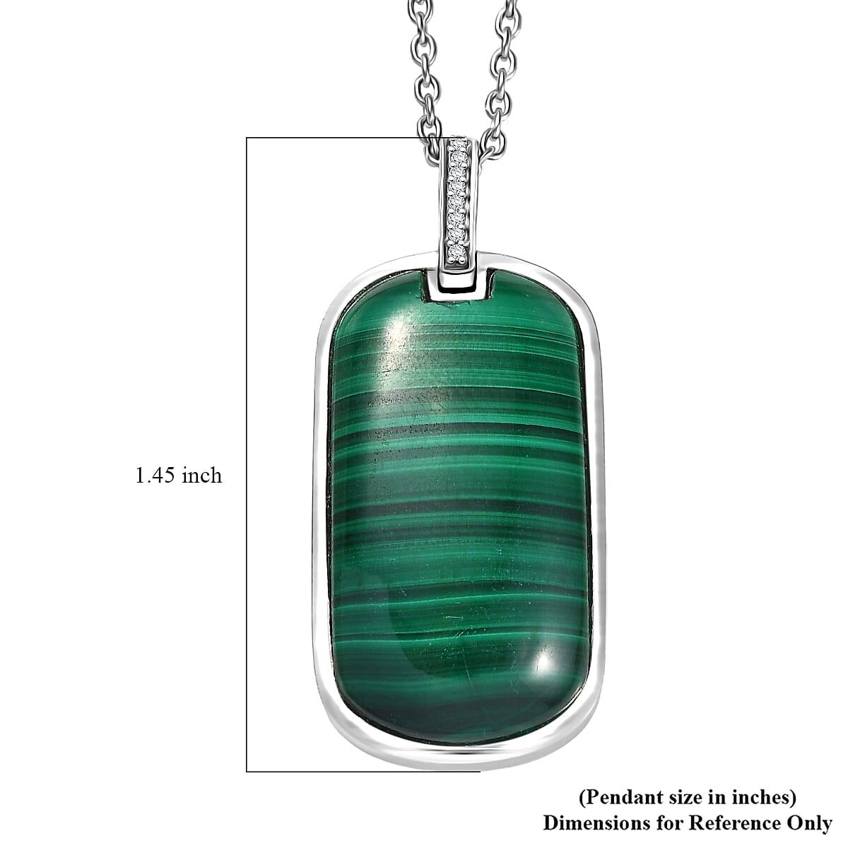 EverTrue African Malachite and White Zircon 28.40 ctw Dogtag Pendant in Platinum Bond with Stainless Steel Necklace 24 Inches image number 6