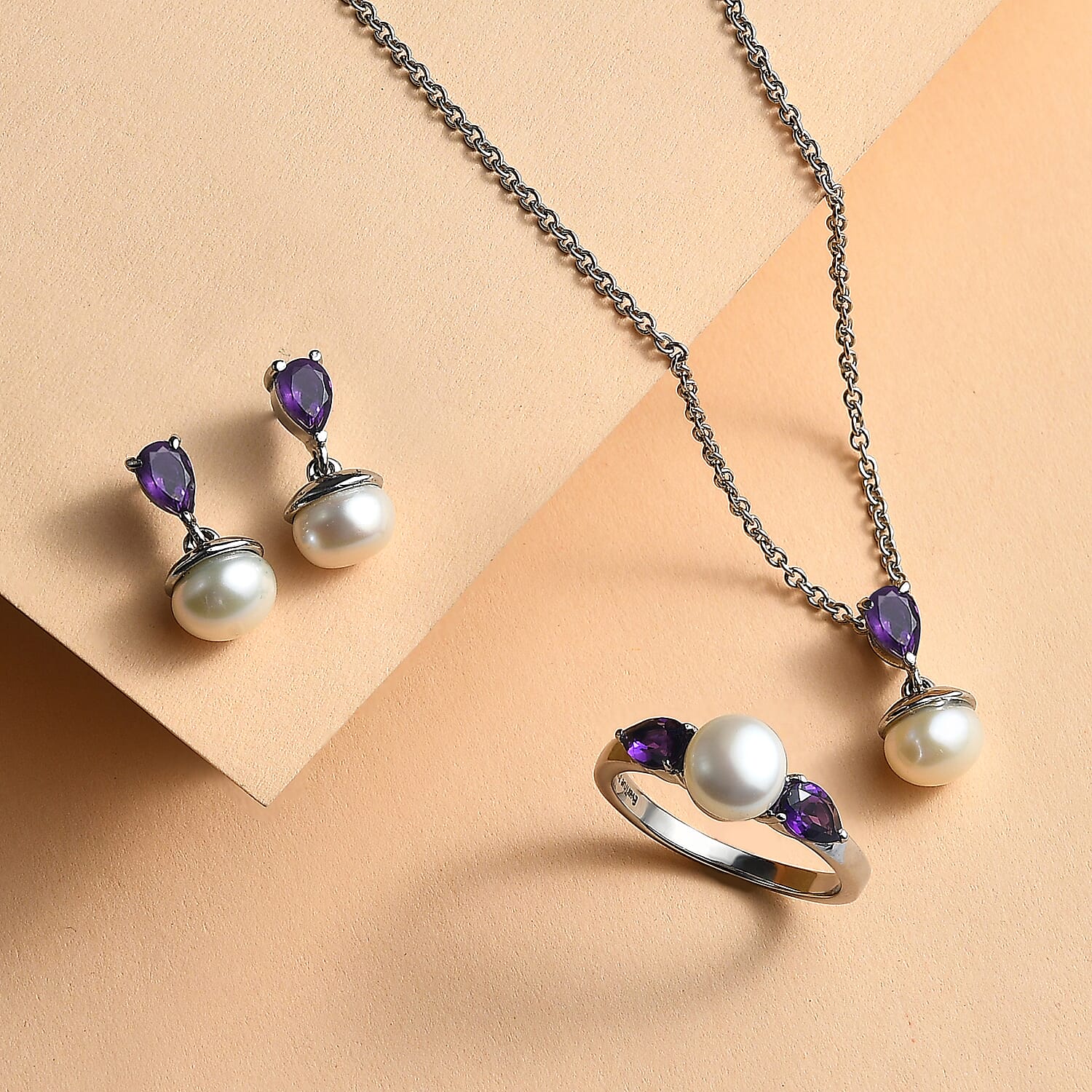 3 Piece Set - EverTrue White Freshwater Pearl and African Amethyst 2.00 ctw Earrings, Ring (Size 5) and Pendant in Stainless Steel Necklace 20 Inches