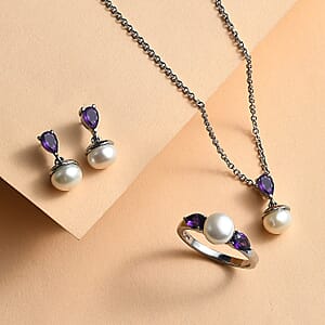 3 Piece Set - EverTrue White Freshwater Pearl and African Amethyst 2.00 ctw Earrings, Ring (Size 5) and Pendant in Stainless Steel Necklace 20 Inches