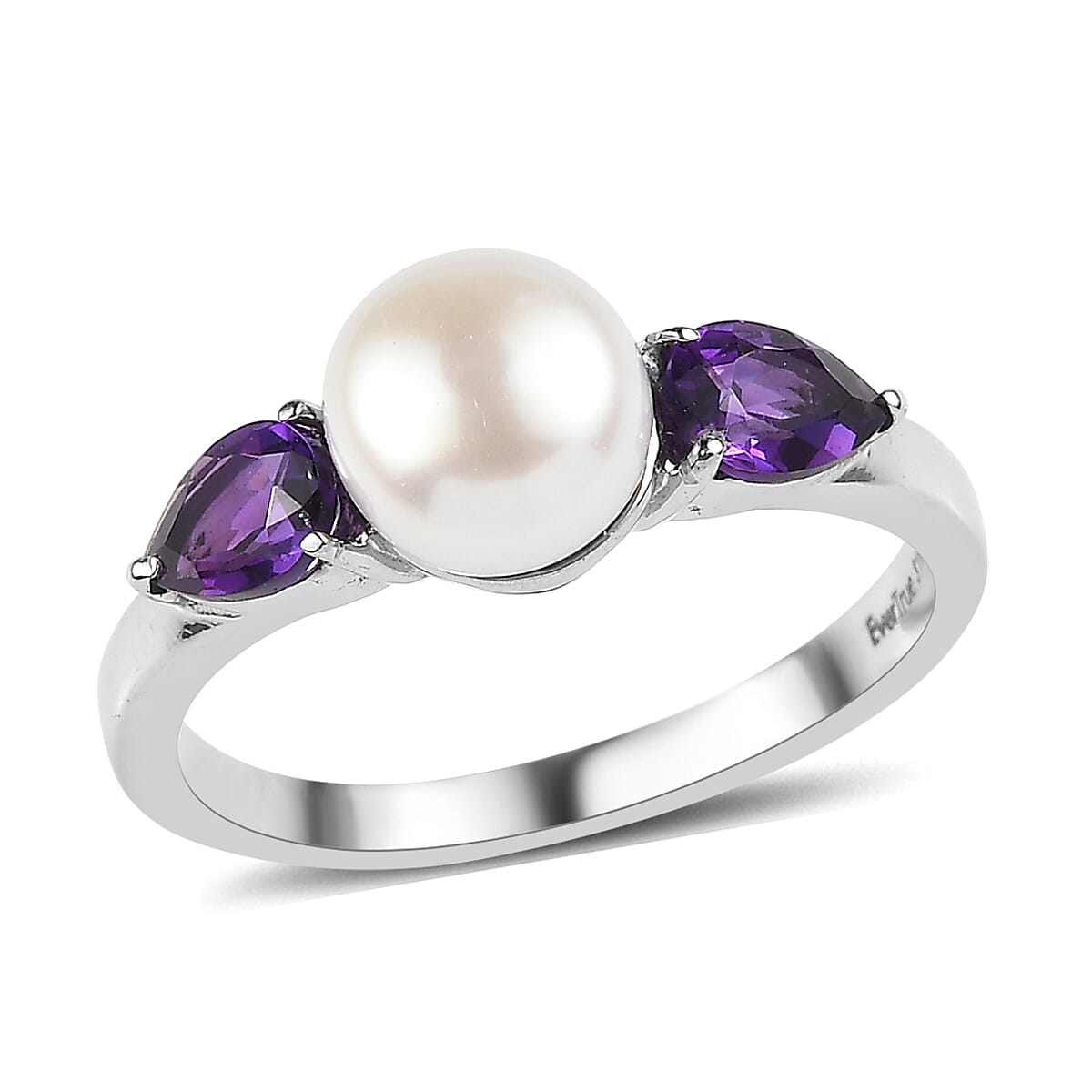 3 Piece Set - EverTrue White Freshwater Pearl and African Amethyst 2.00 ctw Earrings, Ring (Size 5) and Pendant in Stainless Steel Necklace 20 Inches