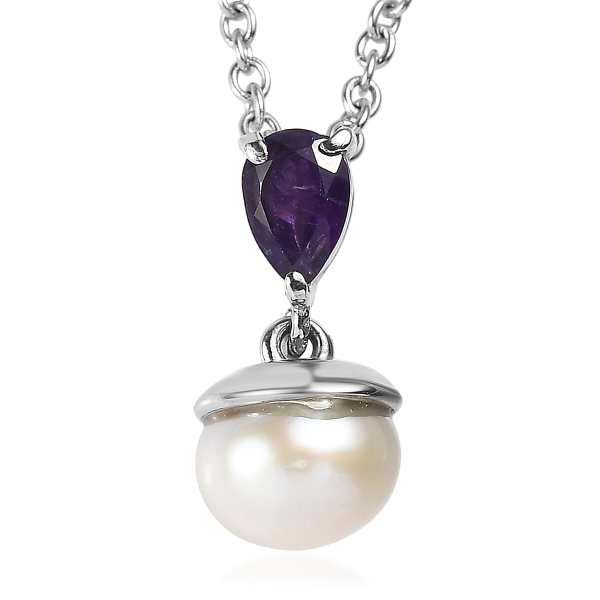 3 Piece Set - EverTrue White Freshwater Pearl and African Amethyst 2.00 ctw Earrings, Ring (Size 5) and Pendant in Stainless Steel Necklace 20 Inches