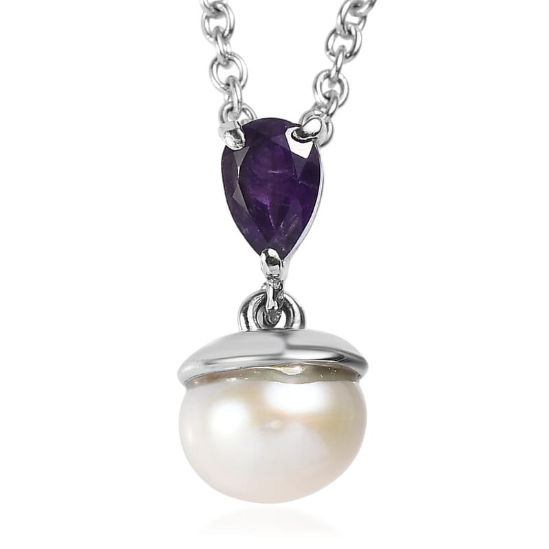 3 Piece Set - EverTrue White Freshwater Pearl and African Amethyst 2.00 ctw Earrings, Ring (Size 5) and Pendant in Stainless Steel Necklace 20 Inches