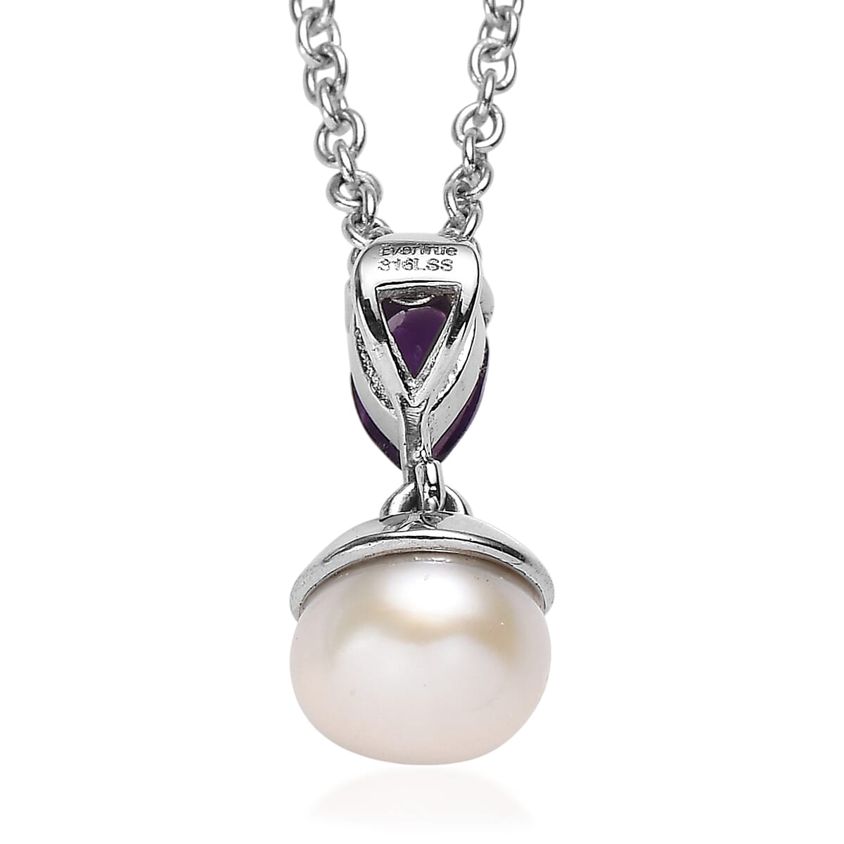 3 Piece Set - EverTrue White Freshwater Pearl and African Amethyst 2.00 ctw Earrings, Ring (Size 5) and Pendant in Stainless Steel Necklace 20 Inches