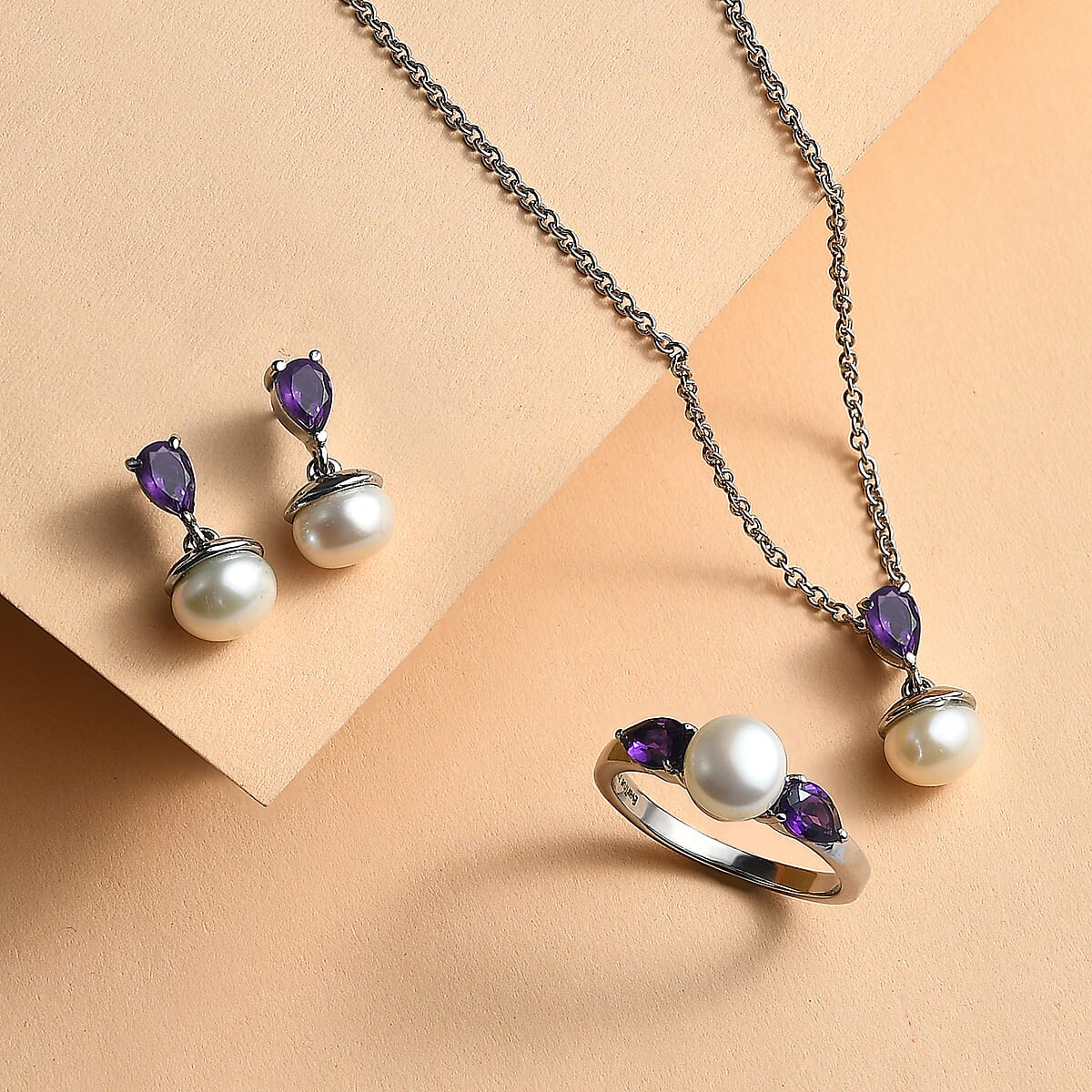 3 Piece Set - EverTrue White Freshwater Pearl and African Amethyst 2.00 ctw Earrings, Ring (Size 6) and Pendant in Stainless Steel Necklace 20 Inches image number 1