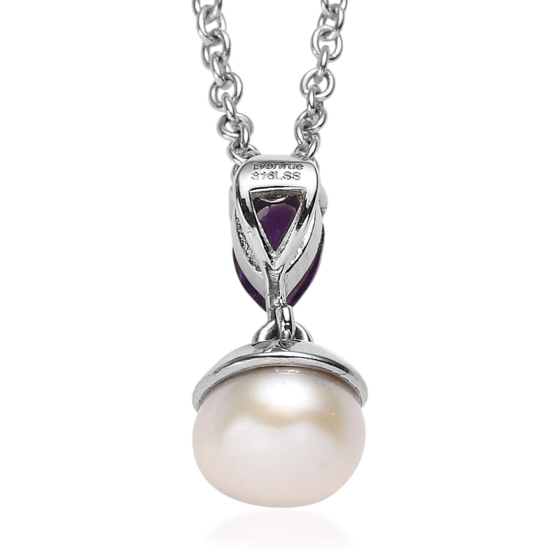 3 Piece Set - EverTrue White Freshwater Pearl and African Amethyst 2.00 ctw Earrings, Ring (Size 6) and Pendant in Stainless Steel Necklace 20 Inches