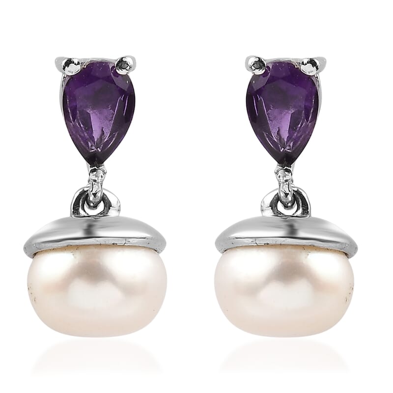 3 Piece Set - EverTrue White Freshwater Pearl and African Amethyst 2.00 ctw Earrings, Ring (Size 6) and Pendant in Stainless Steel Necklace 20 Inches