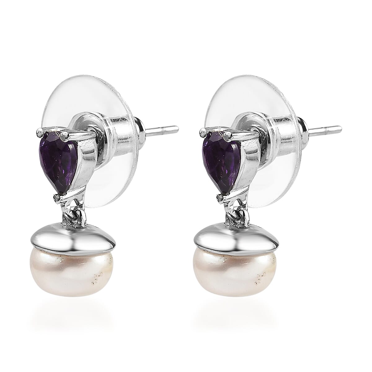 3 Piece Set - EverTrue White Freshwater Pearl and African Amethyst 2.00 ctw Earrings, Ring (Size 7) and Pendant in Stainless Steel Necklace 20 Inches image number 2