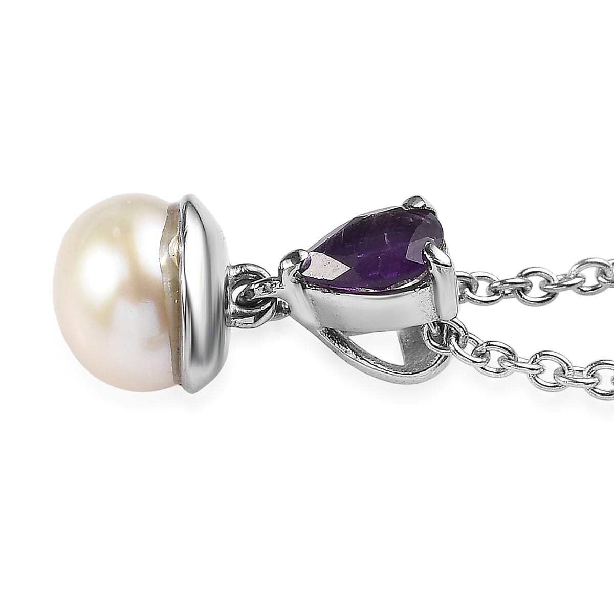 3 Piece Set - EverTrue White Freshwater Pearl and African Amethyst 2.00 ctw Earrings, Ring (Size 8) and Pendant in Stainless Steel Necklace 20 Inches image number 8