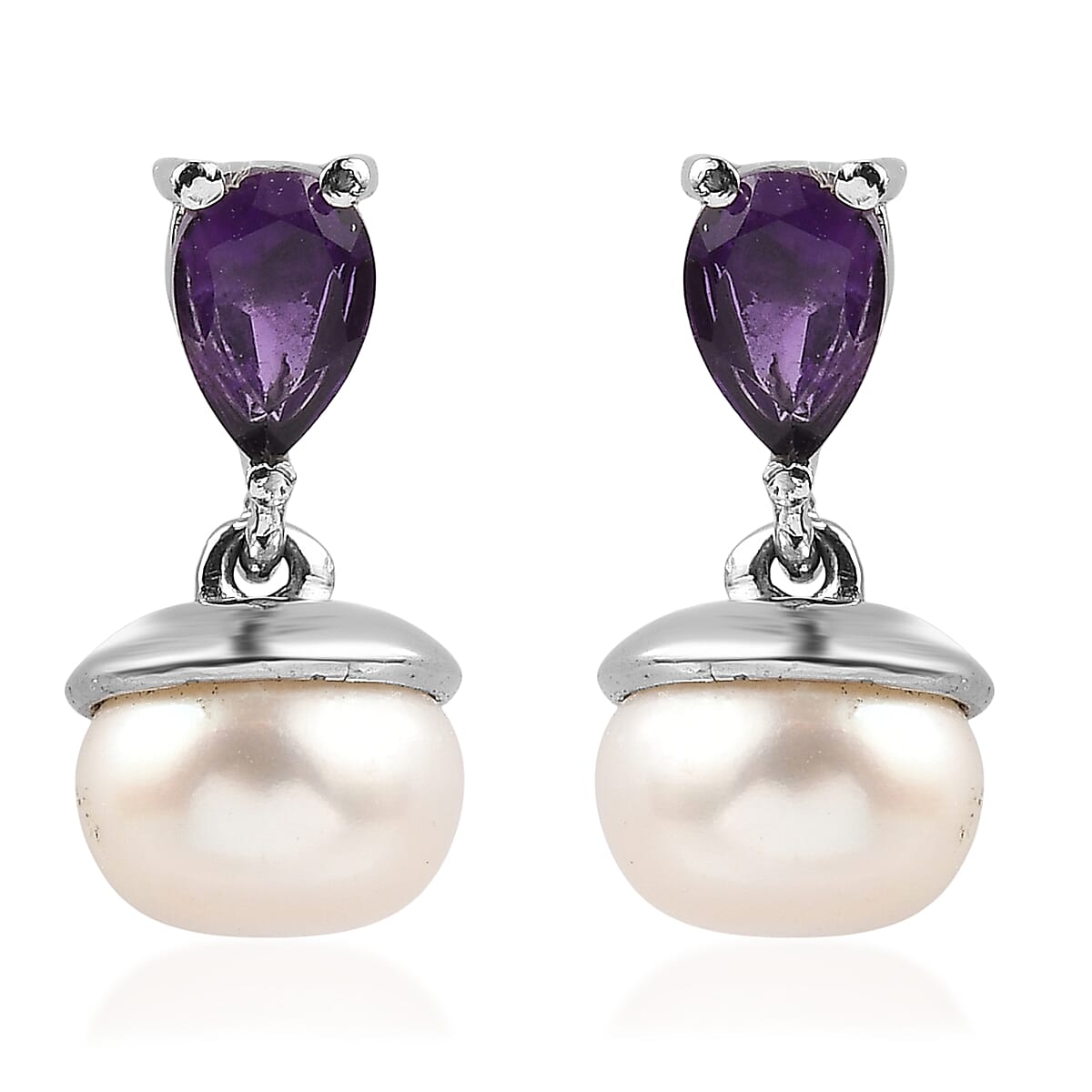 3 Piece Set - EverTrue White Freshwater Pearl and African Amethyst 2.00 ctw Earrings, Ring (Size 8) and Pendant in Stainless Steel Necklace 20 Inches image number 10
