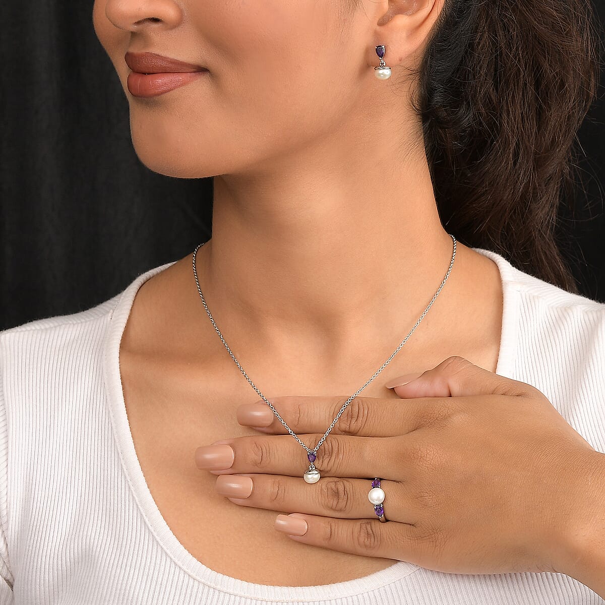 3 Piece Set - EverTrue White Freshwater Pearl and African Amethyst 2.00 ctw Earrings, Ring (Size 10) and Pendant in Stainless Steel Necklace 20 Inches image number 3