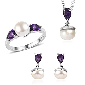 3 Piece Set - EverTrue White Freshwater Pearl and African Amethyst 2.00 ctw Earrings, Ring (Size 11) and Pendant in Stainless Steel Necklace 20 Inches