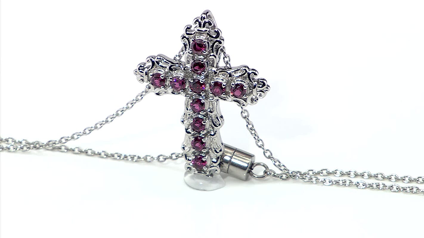 EverTrue Orissa Rhodolite Garnet 1.25 ctw Cross Pendant Necklace in Stainless Steel 20 Inches