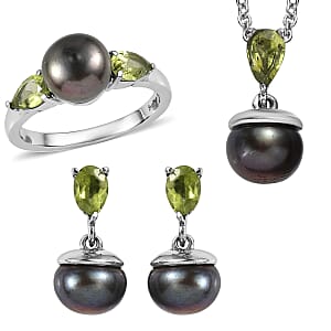 3 Piece Set - EverTrue Peacock Freshwater Pearl and Hebei Peridot 2.10 ctw Earrings, Ring (Size 7) and Pendant in Stainless Steel Necklace 20 Inches