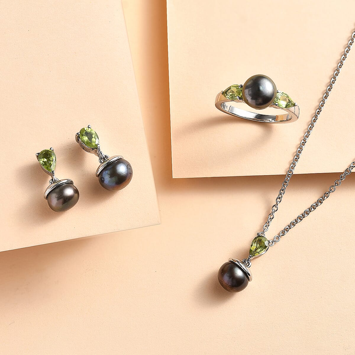 3 Piece Set - EverTrue Peacock Freshwater Pearl and Hebei Peridot 2.10 ctw Earrings, Ring (Size 7) and Pendant in Stainless Steel Necklace 20 Inches image number 1