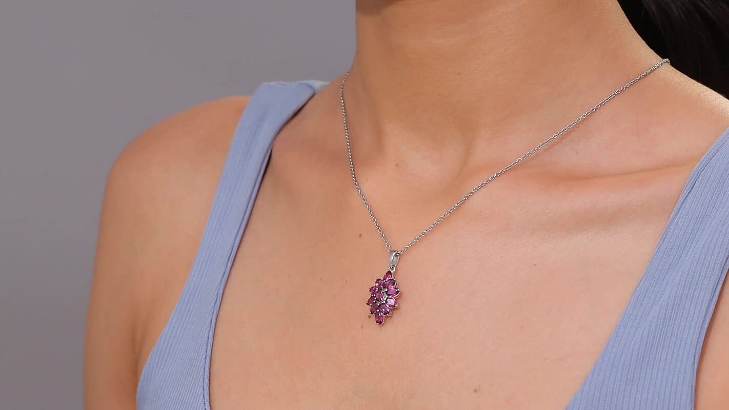 EverTrue Orissa Rhodolite Garnet 3.35 ctw Floral Spark Elegance Pendant in Platinum Bond with Stainless Steel Necklace 20 Inches