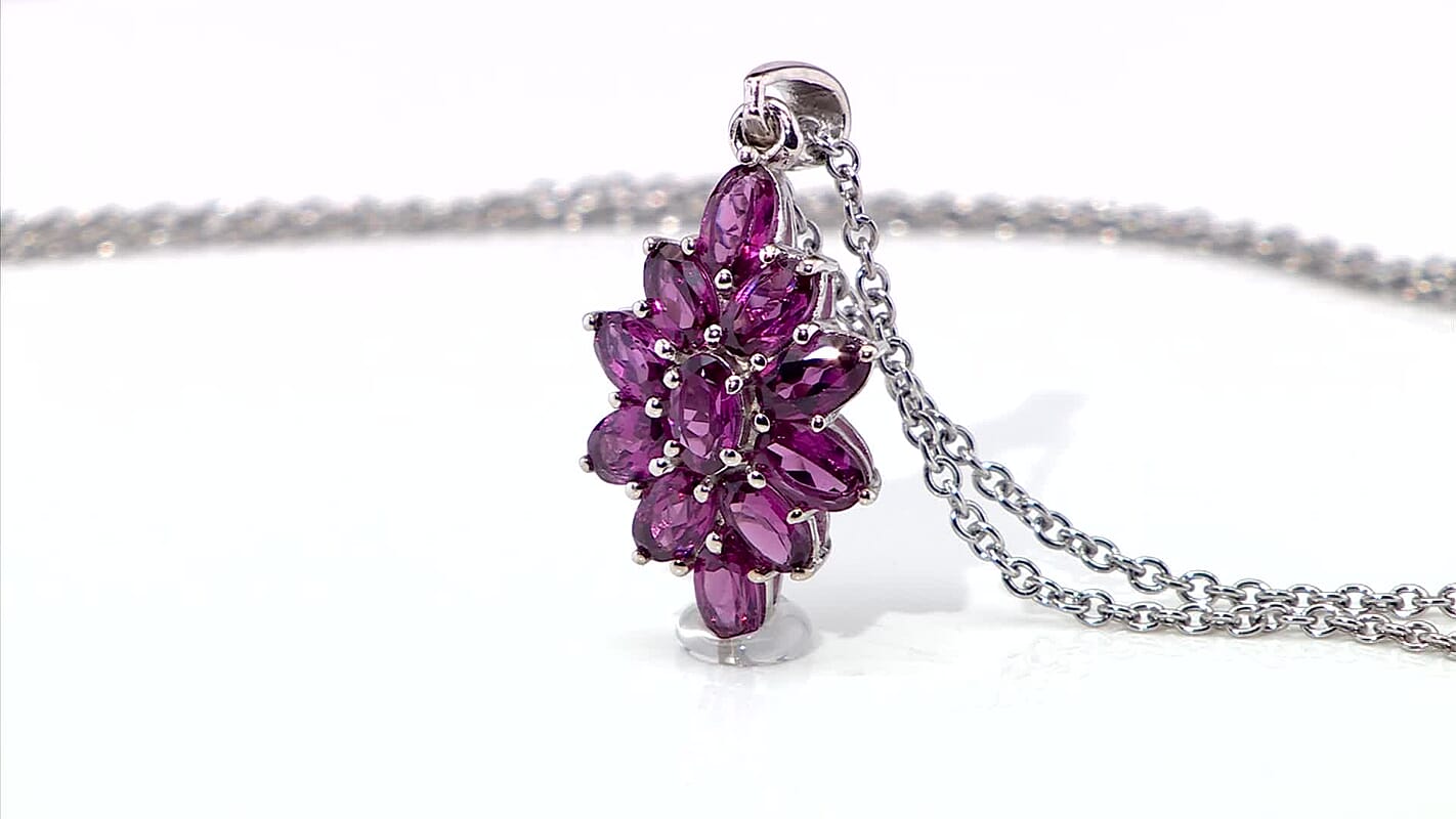 EverTrue Orissa Rhodolite Garnet 3.35 ctw Floral Spark Elegance Pendant in Platinum Bond with Stainless Steel Necklace 20 Inches