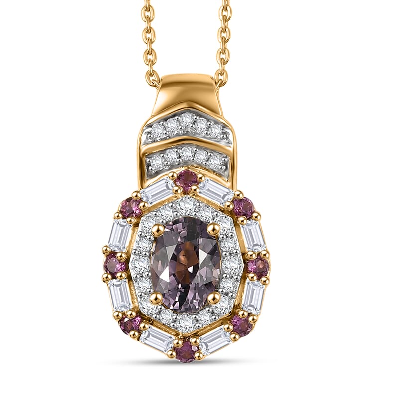 D'Joy Royal Lavender Spinel and Multi Gemstone 1.65 ctw Art Deco Pendant Necklace 20 Inches in 18K Vermeil Yellow Gold Over Sterling Silver