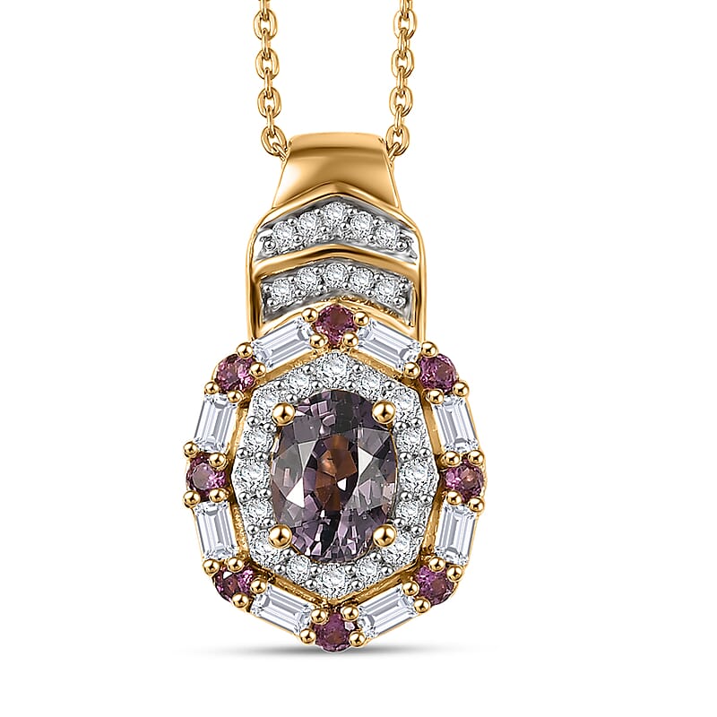 D'Joy Royal Lavender Spinel and Multi Gemstone 1.65 ctw Art Deco Pendant Necklace 20 Inches in 18K Vermeil Yellow Gold Over Sterling Silver
