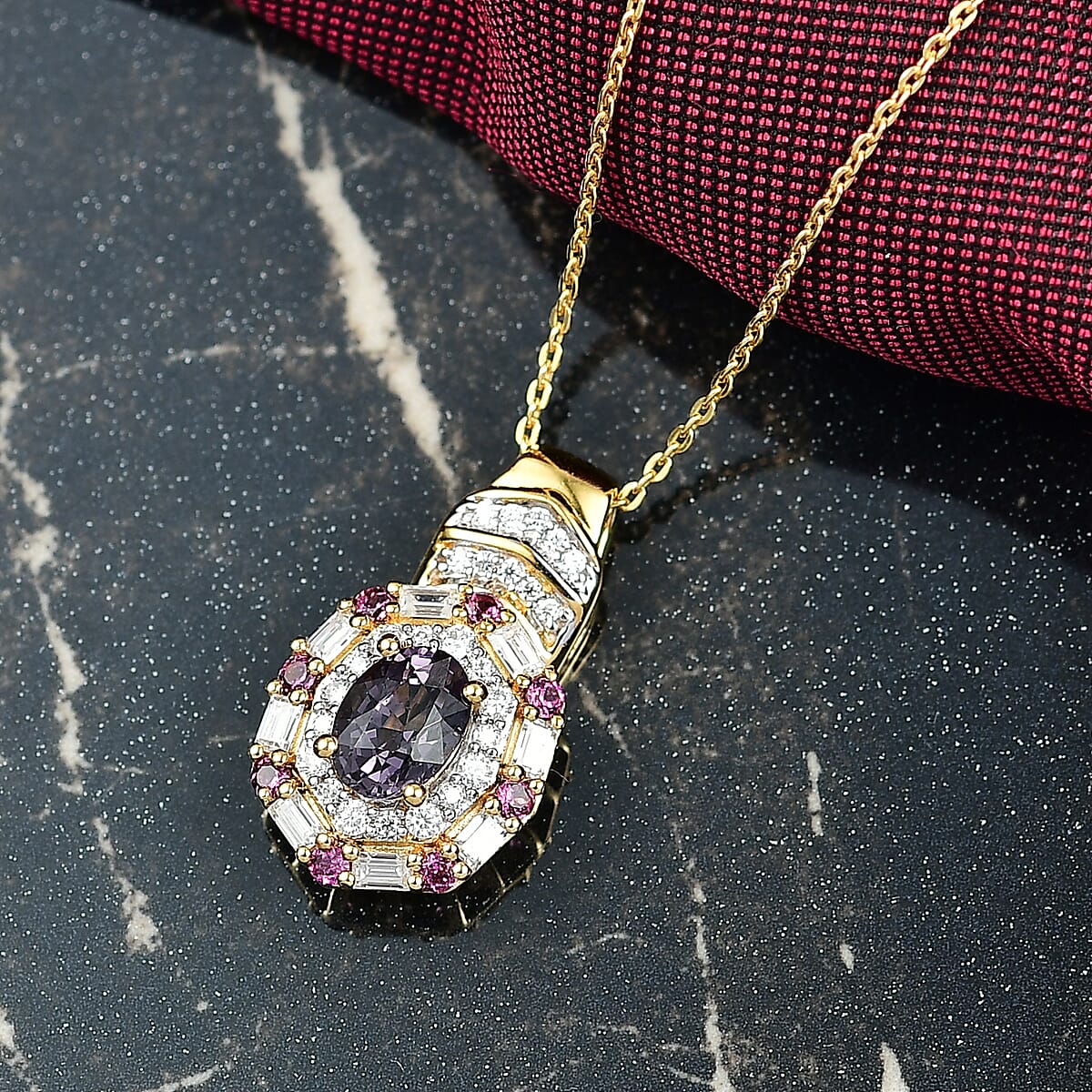 D'Joy Royal Lavender Spinel and Multi Gemstone 1.65 ctw Art Deco Pendant Necklace 20 Inches in 18K Vermeil Yellow Gold Over Sterling Silver image number 1