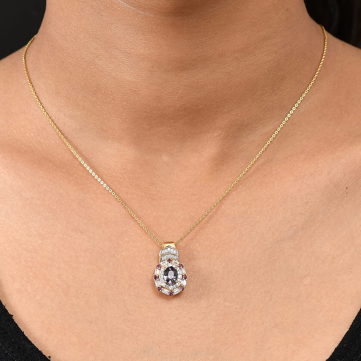 D'Joy Royal Lavender Spinel and Multi Gemstone 1.65 ctw Art Deco Pendant Necklace 20 Inches in 18K Vermeil Yellow Gold Over Sterling Silver image number 2