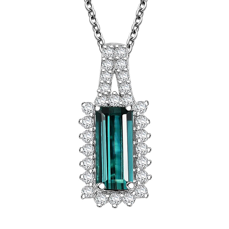 Certified & Appraised Luxoro AAA Monte Belo Indicolite and I2 Diamond 1.51 ctw Pendant Necklace in 10K White Gold 20 Inches