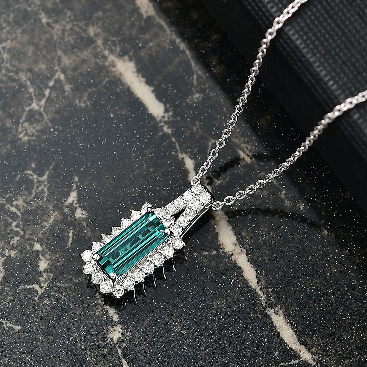 Certified & Appraised Luxoro AAA Monte Belo Indicolite and I2 Diamond 1.51 ctw Pendant Necklace in 10K White Gold 20 Inches image number 1