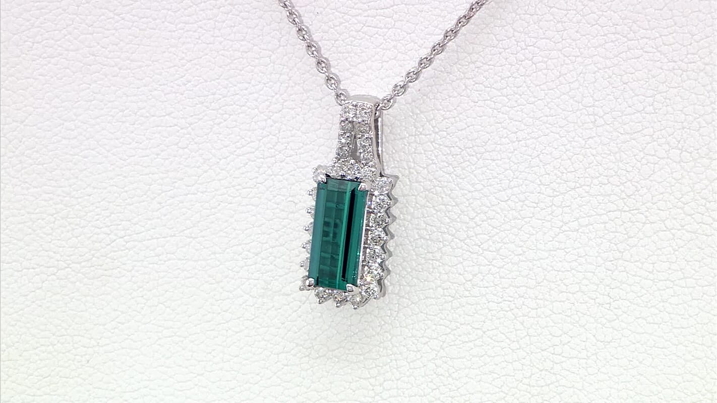 Certified & Appraised Luxoro AAA Monte Belo Indicolite and I2 Diamond 1.51 ctw Pendant Necklace in 10K White Gold 20 Inches