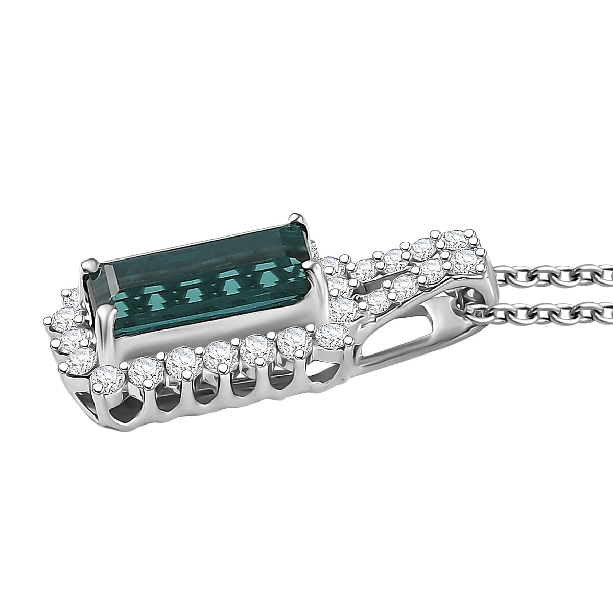 Certified & Appraised Luxoro AAA Monte Belo Indicolite and I2 Diamond 1.51 ctw Pendant Necklace in 10K White Gold 20 Inches image number 3