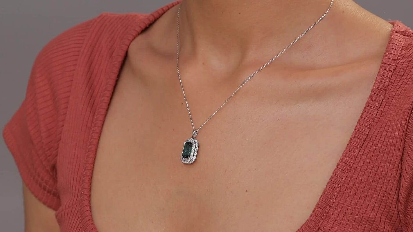 Certified & Appraised Rhapsody AAAA Monte Belo Indicolite and E-F VS Diamond 3.05 ctw Pendant Necklace in 950 Platinum 20 Inches