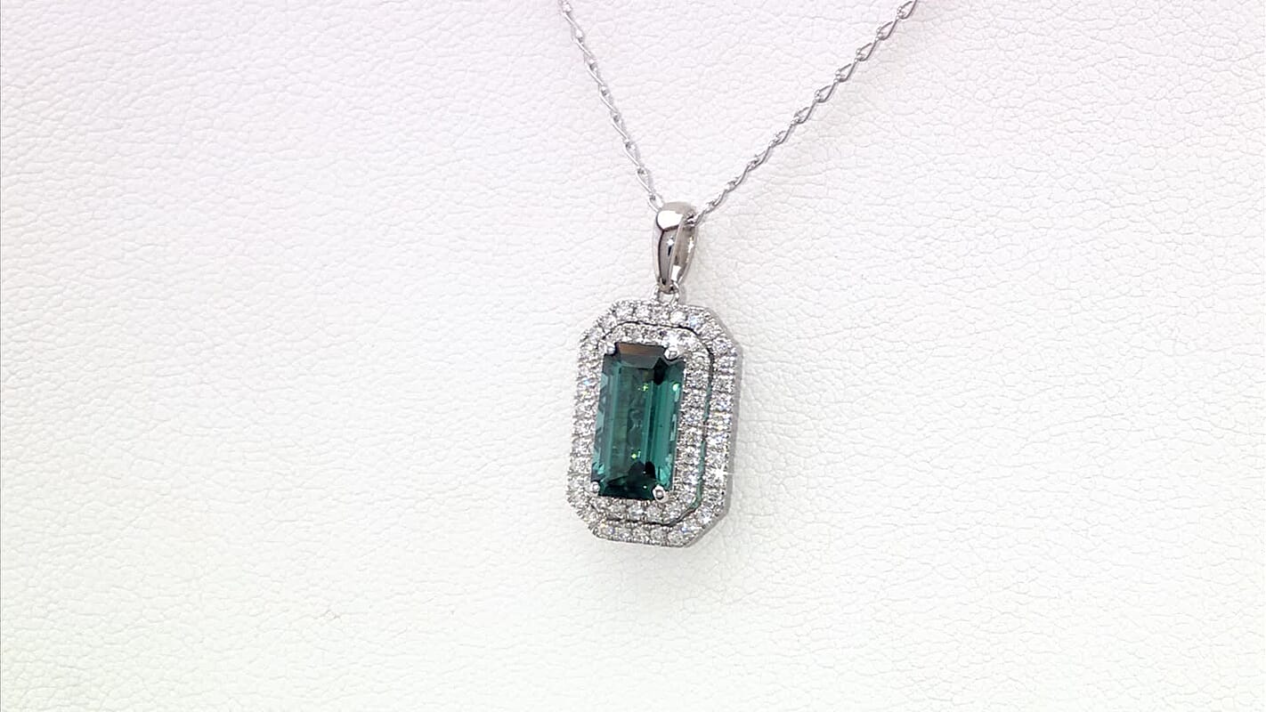 Certified & Appraised Rhapsody AAAA Monte Belo Indicolite and E-F VS Diamond 3.05 ctw Pendant Necklace in 950 Platinum 20 Inches